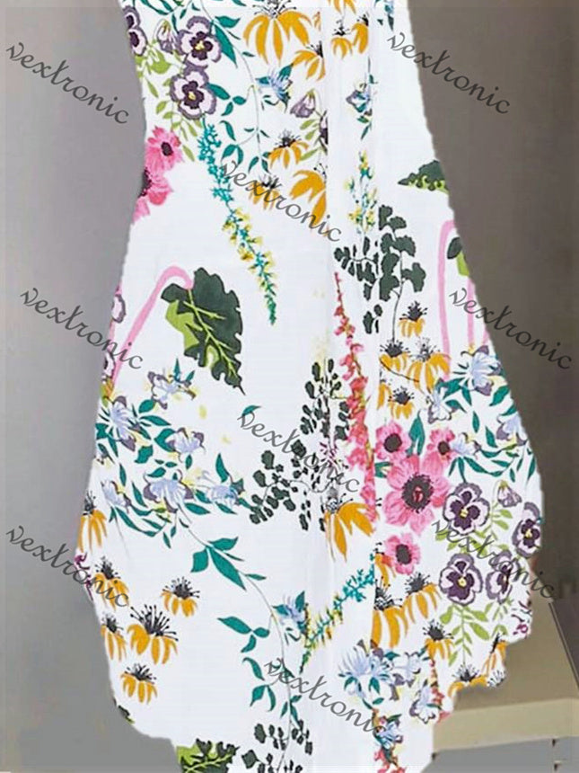 Women's Sleeveless Scoop Neck White Floral Printed Midi Dress