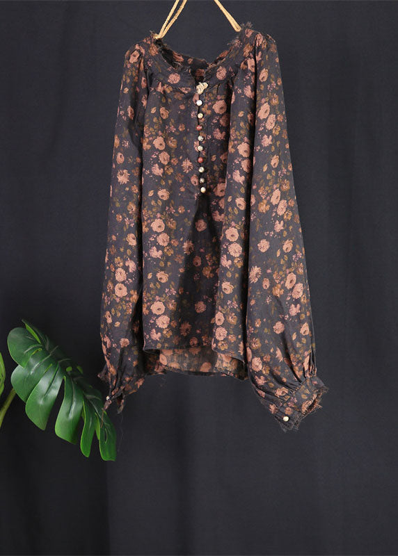 VCSHOES Black Print Button Patchwork Linen Tops Spring