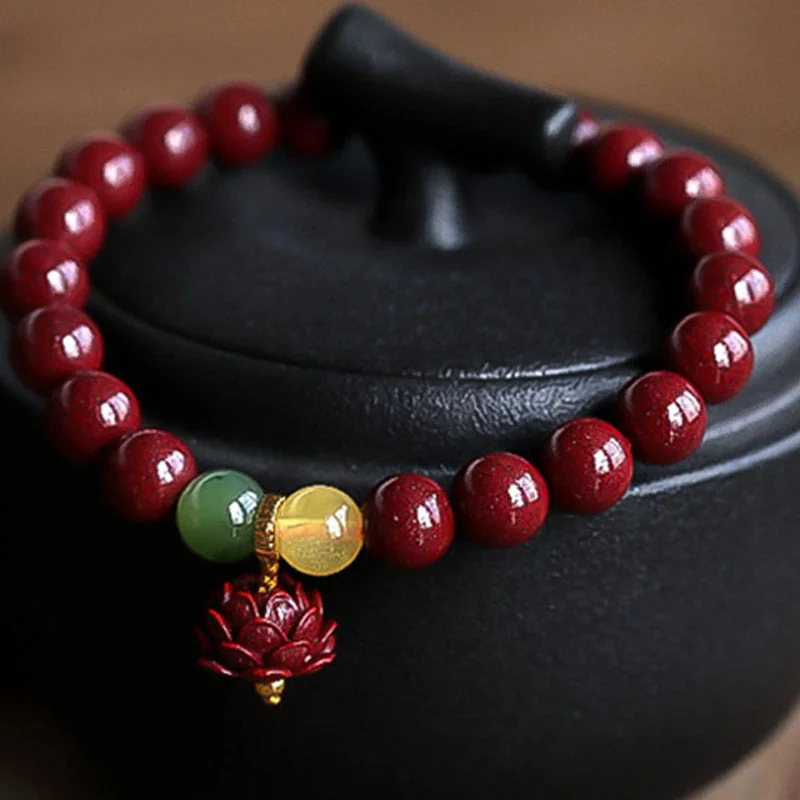 Natural Cinnabar Lotus Luck Blessing Charm Bracelet