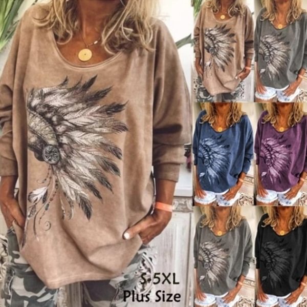 New Fashion Women's Long Sleeve T Shirt Casual Tops Ladies Blouse Loose Printed Feather Shirts(S-5XL) - Shop Trendy Women's Clothing | LoverChic
