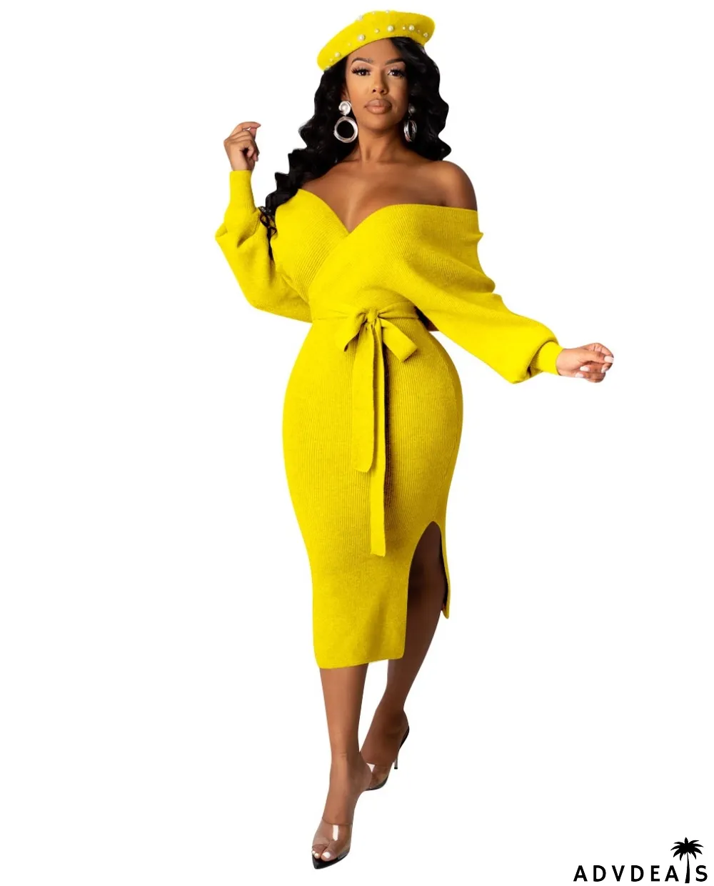 Winter Bat Sleeves Side Slit Wrapped Knitting Long Dress with Belt