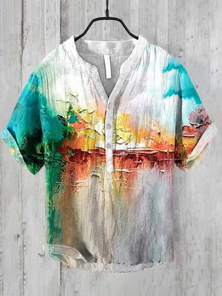 Abstract Colorful Landscape Oil Painting Print Linen Shirt