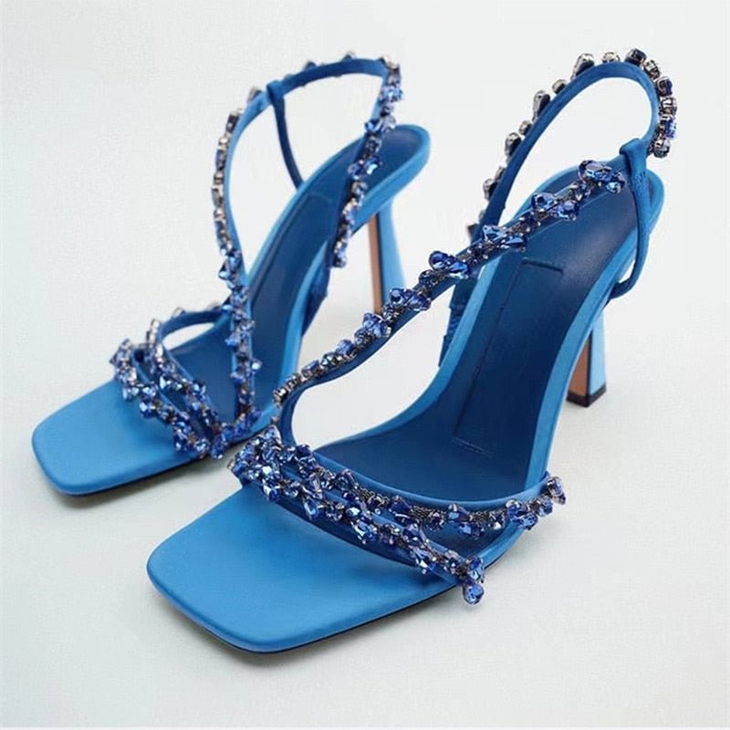 2022 New Women Sandals New Summer Feamle Sexy Pu Thin High Heels Shoes Ladies Solid Color Square Toe Crystal Party Footwear