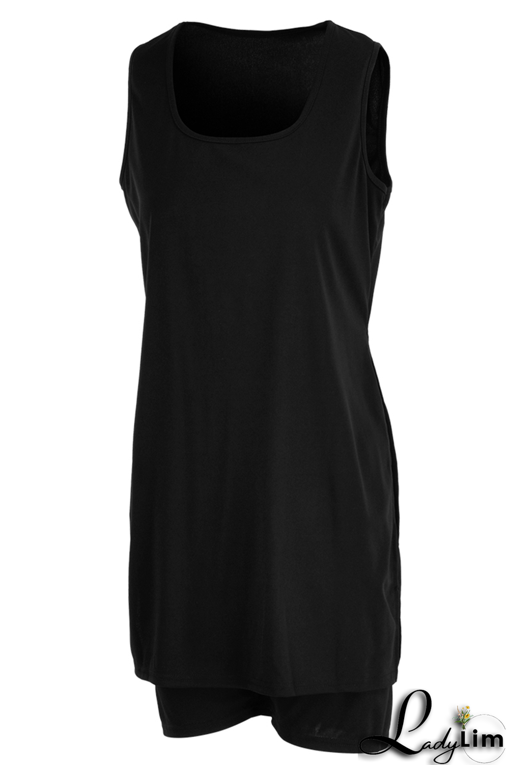 Black Casual Solid Slit Square Collar Sleeveless Two Pieces