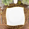 10 Pack | 10" White / Gold Wavy Rim Modern Square Plastic Dinner Plates, Disposable Party Plates