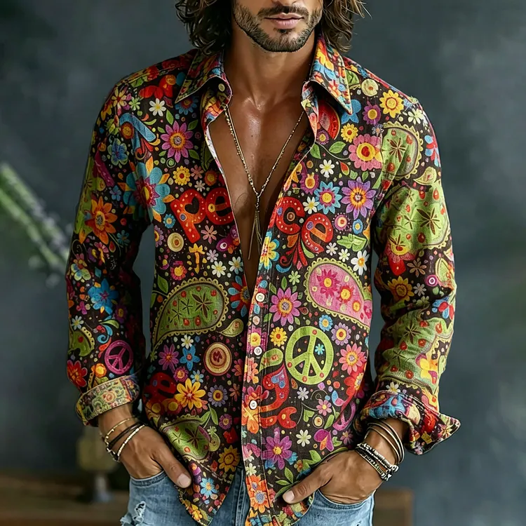 Men's Vintage Hippie Floral Art Long Sleeves Linen Shirt