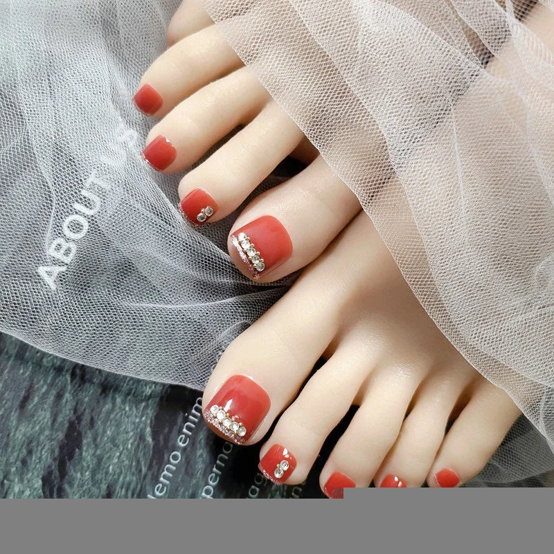 24pcs Purple False Toe Nails Summer Full Cover Wearing Toe Nail Art Pattern Removable Nail Stickers With Glue-Nail Inspo