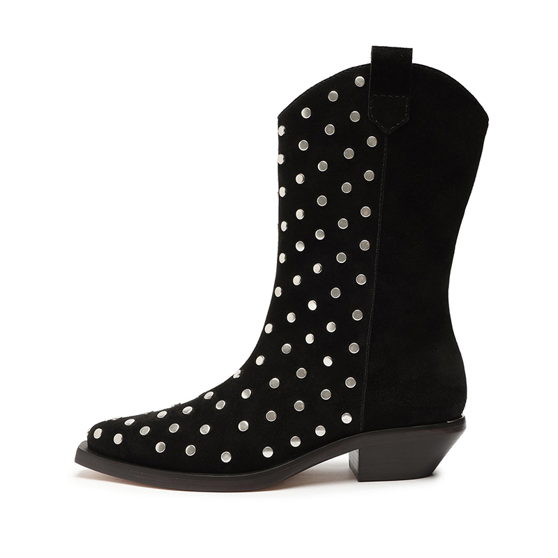 Black Vegan Suede Snip Toe Low Heel Mid-Calf Cowgirl Boots with Studs