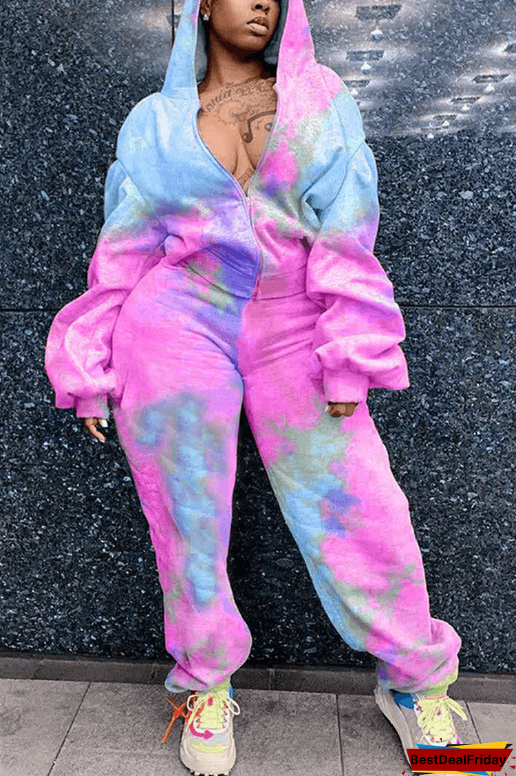 Fashion Casual Tie-Dye Print Hoodie Two Pieces