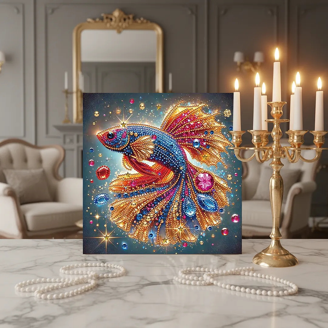Fish DIY Special Shape Drill Art Craft Pearl Diamond Painting with Frame 25x25cm Diamond Art Pearl Painting Kit for Adults Beginners Home Decor