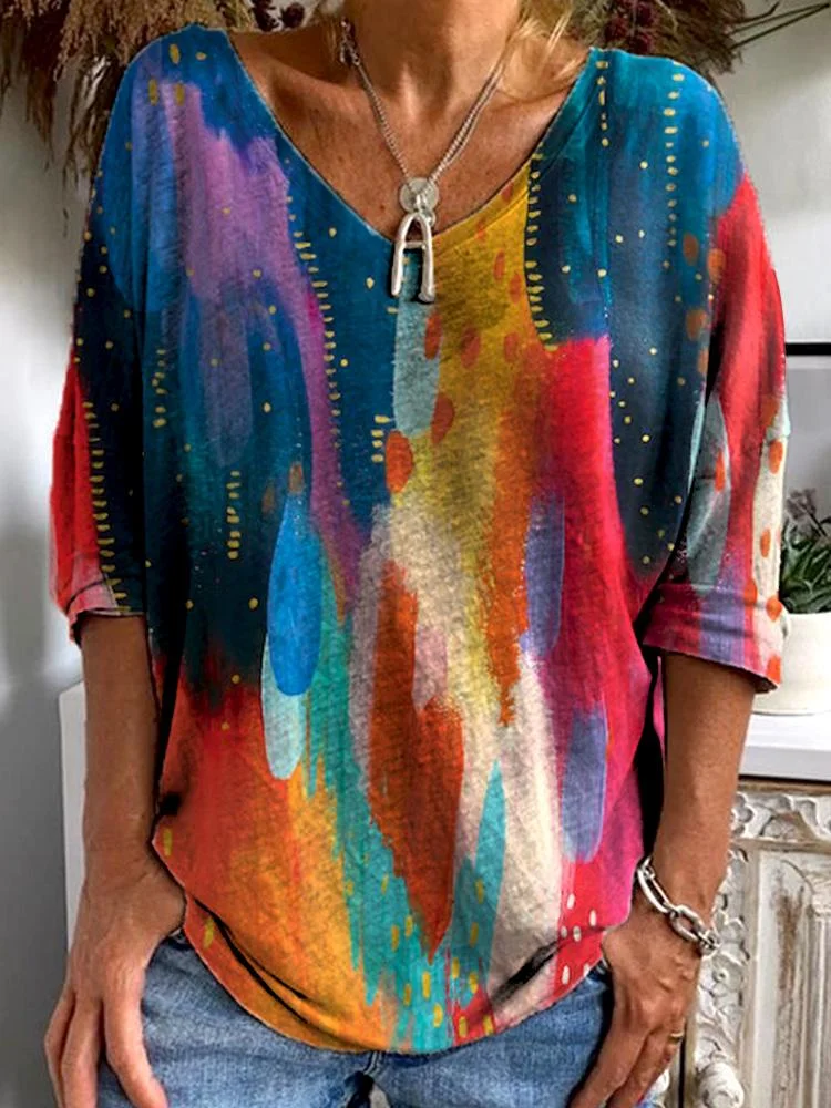 Women's Fashion Colorful Print V-neck Long-sleeved T-shirt