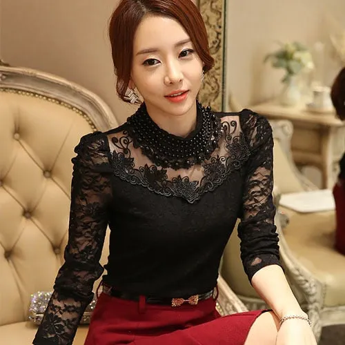 2021 Women Tops Floral Lace Fashion Black Top Casual Girl Blouse Diamond Beaded Lace Shirt Female Tops Women Clothes 3115 25