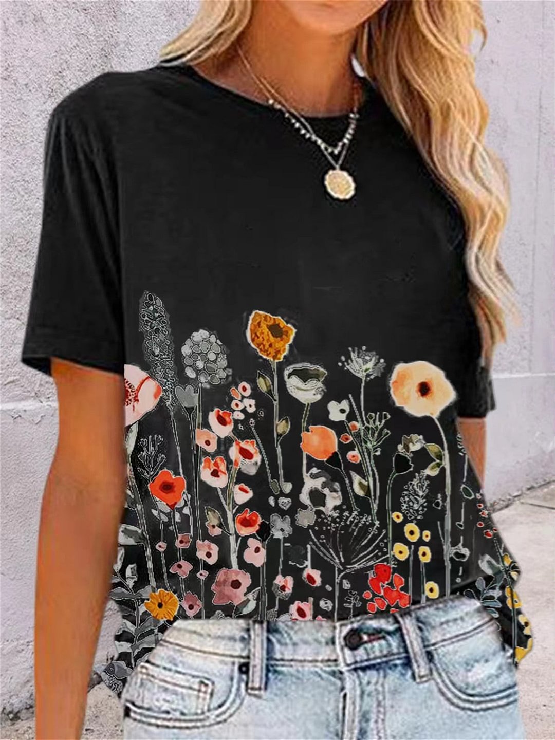 Women Short Sleeve Scoop Neck Floral Printed Tops