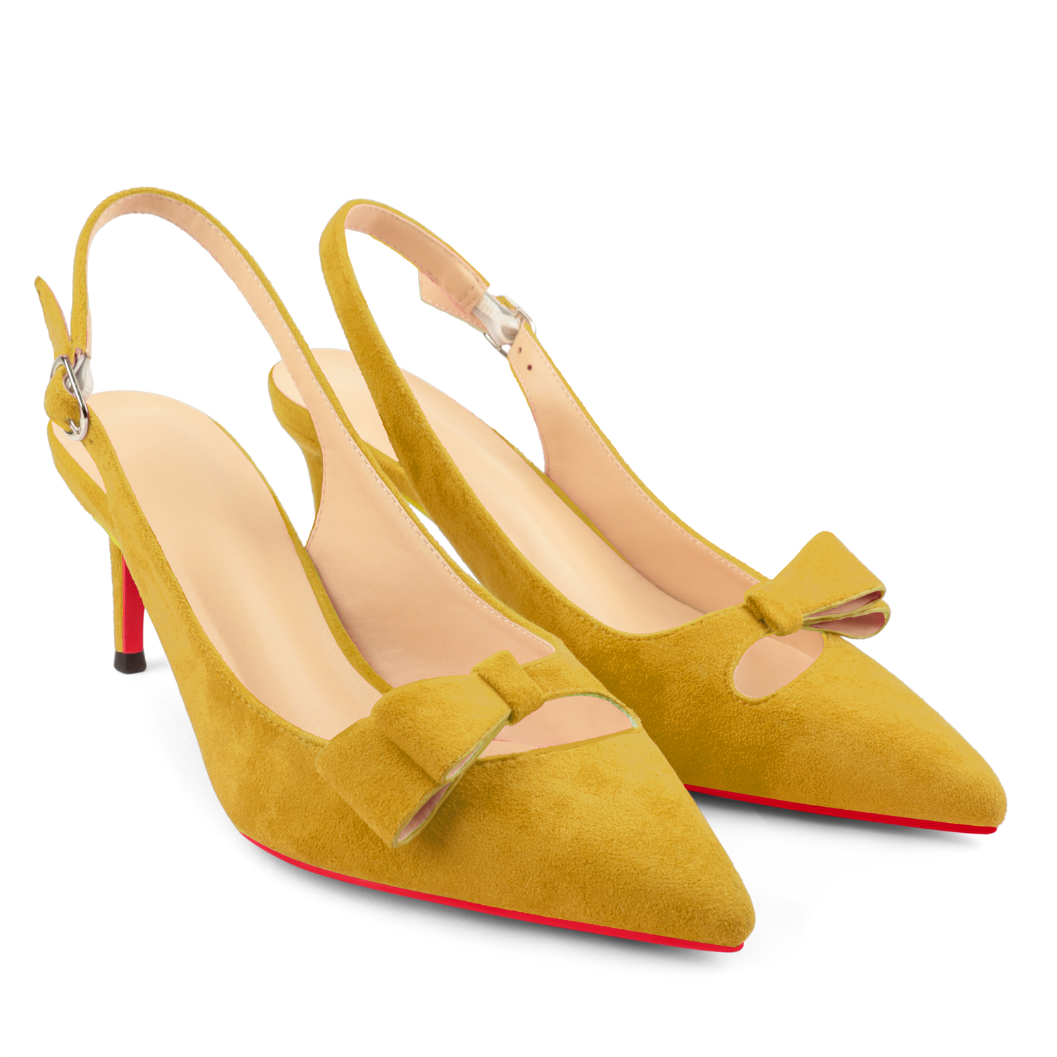 65mm Women's Pointed Toe With Bows Kitten Stillettos Slingback Red Bottoms Prom Suede Sandals-vocosishoes