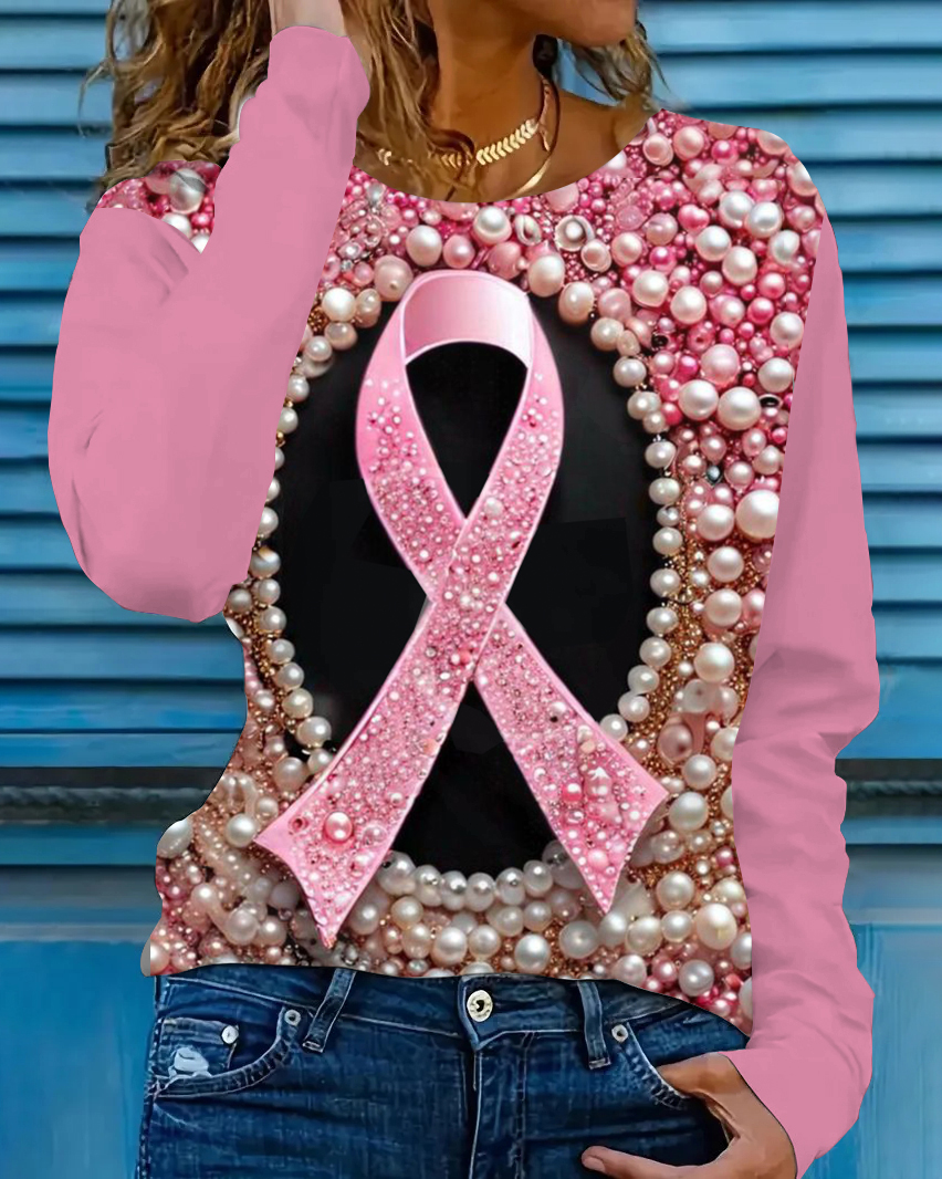 Breast Cancer Awareness Pearl Print Long Sleeve T-shirt
