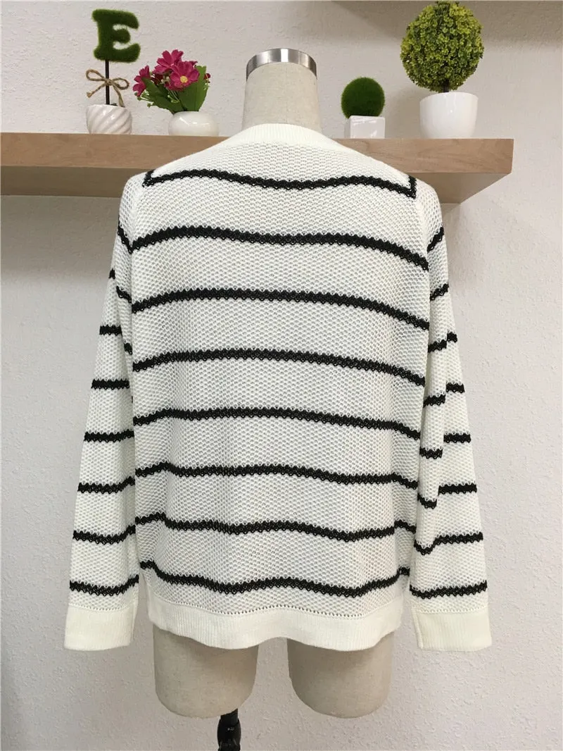 Fitshinling Casual stripes lady's sweater knitwear zipper black white slim jumper long sleeve basic sweaters for women pullovers