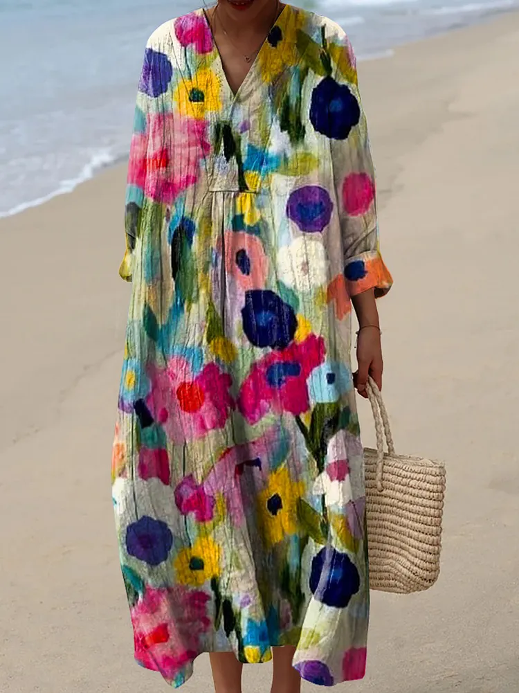 Women's Vintage Lovely Floral Pattern Art Print Cotton Dress