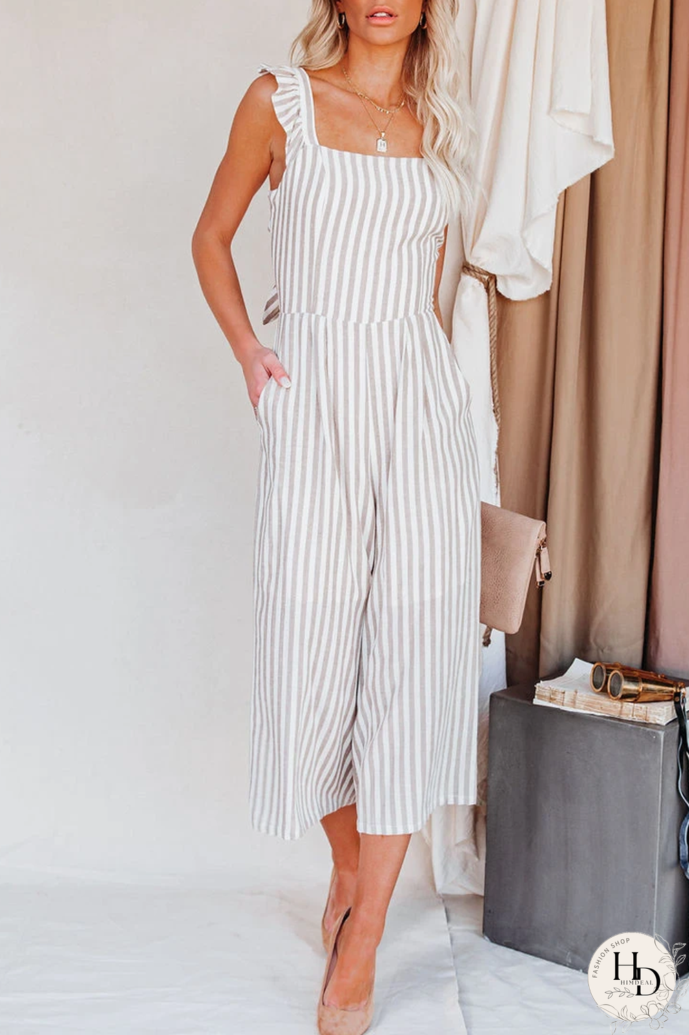 KarliDress Flip Side Pocketed Striped Ruffle Jumpsuit P12525