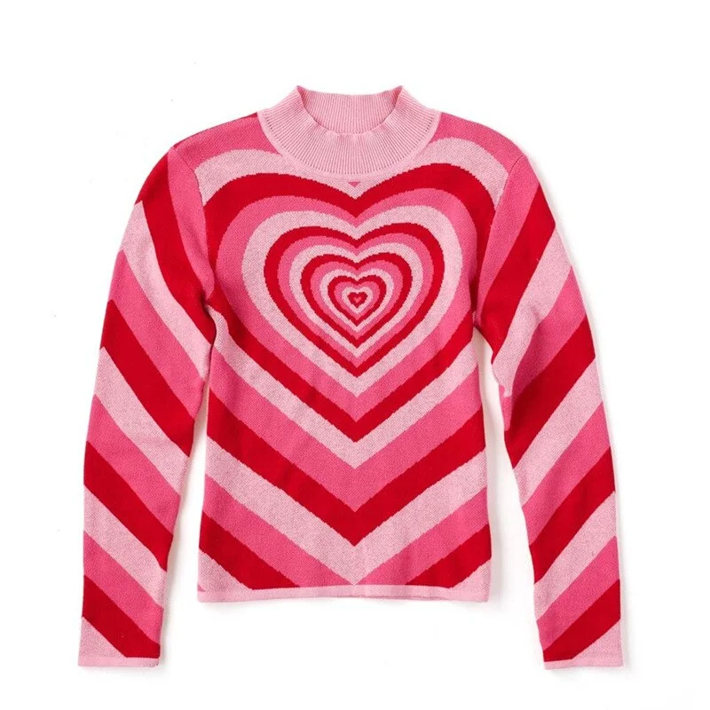 Y2K Aesthetics Heart Striped Turtleneck Pullovers E-girl Sweet Long Sleeve Hot Pink Sweater Harajuku 90s Knitwear Autumn