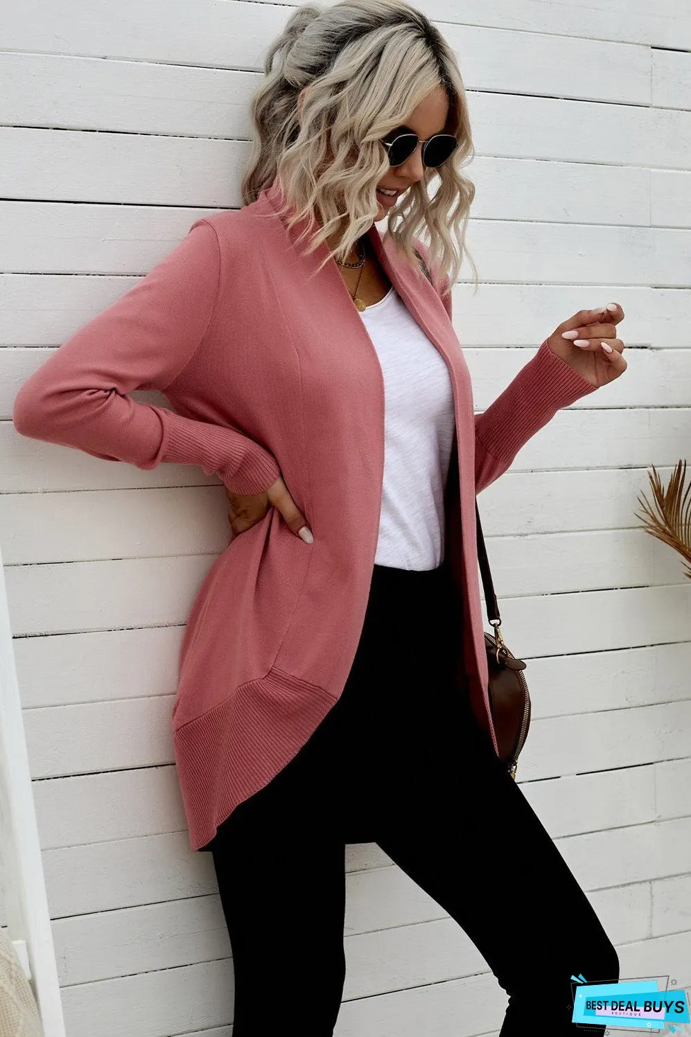 Long Sleeve Ribbed Hem Open Front Longline Cardigan