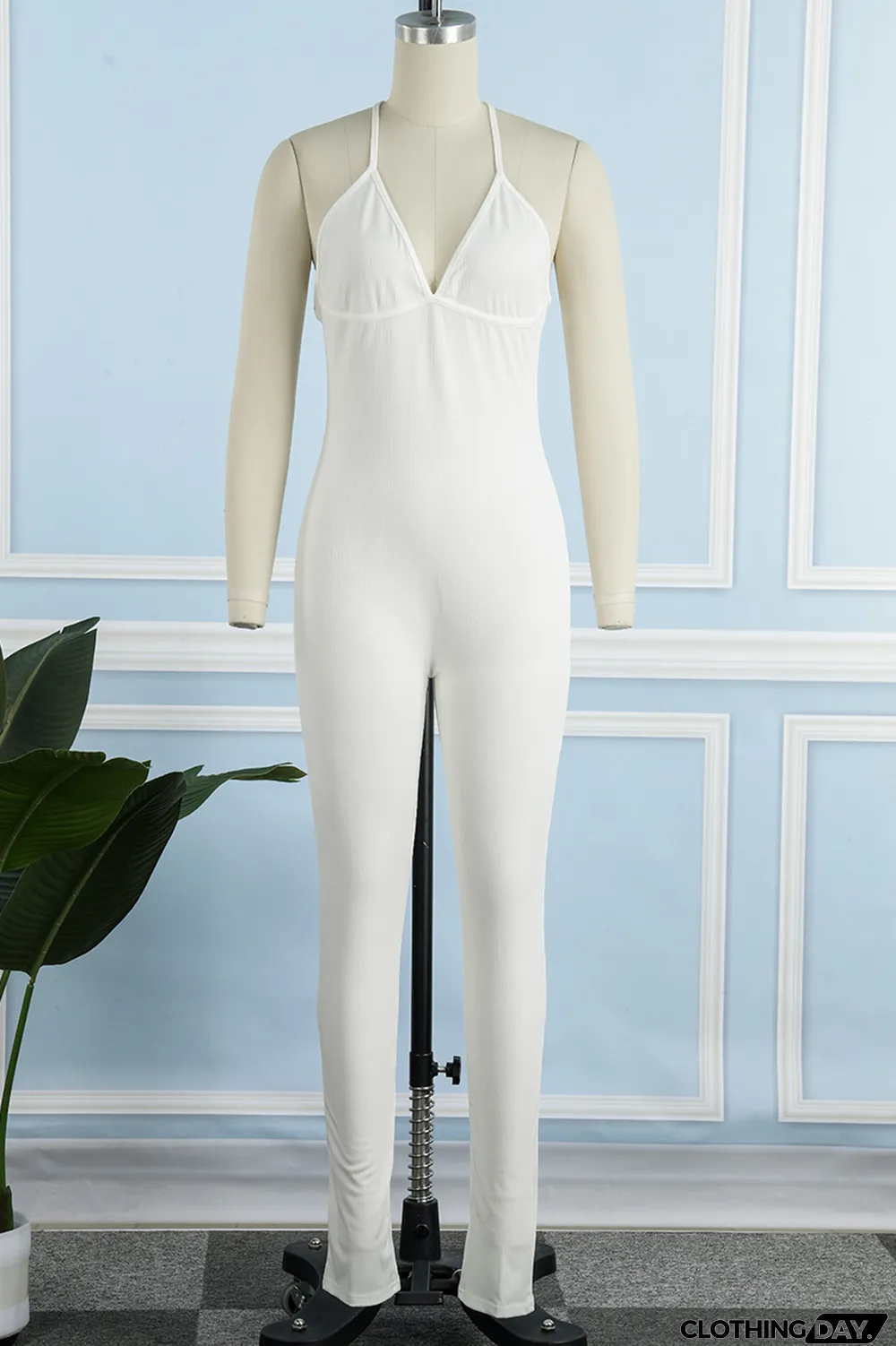 Cyan Sexy Casual Solid Backless Spaghetti Strap Skinny Jumpsuits