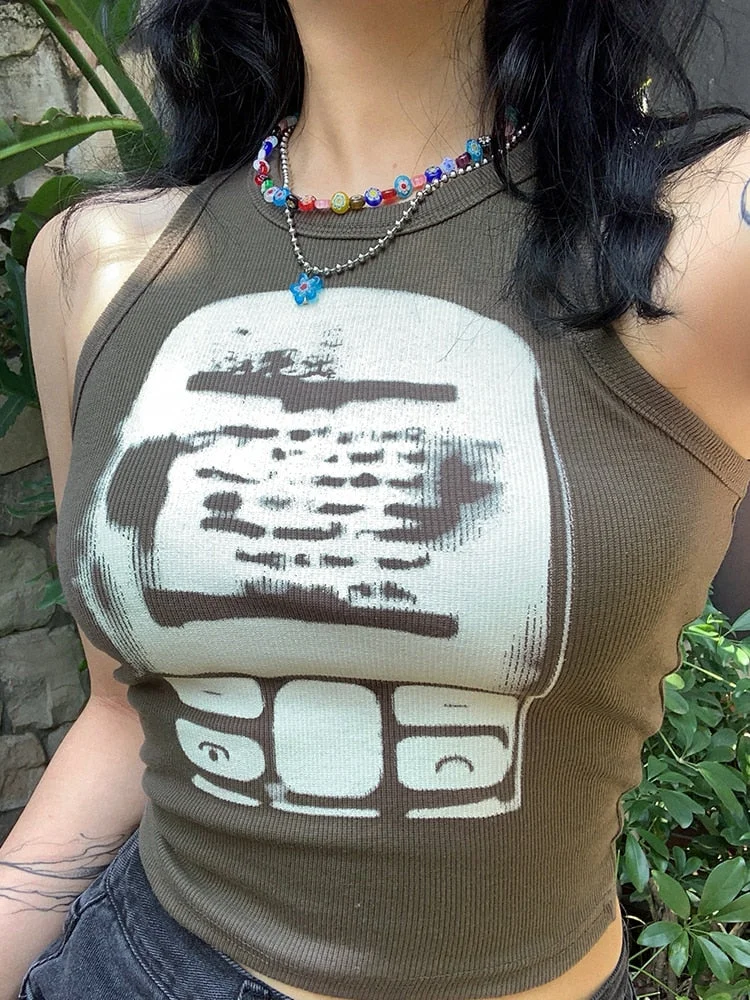 Rapcopter Printed y2k Cropped Tanks Grunge Fairycore Crop Top Sleeveless O Neck Corset Tops Female Summer Basic Tee Tops Club