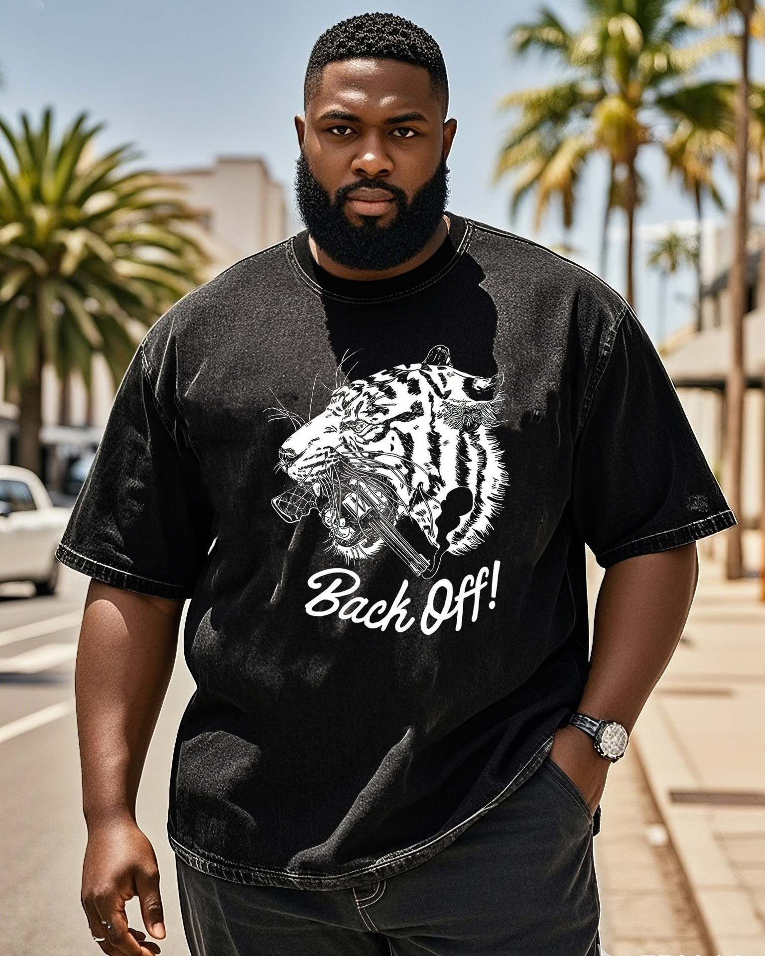 Plus Size Men's Tiger Head Creative English Printed Denim Short Sleeve T-Shirt