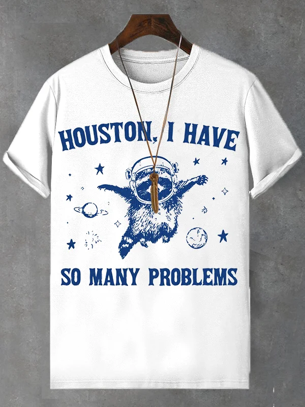 <💯Cotton>Men's Houston I Have So Many Problems Astronaut Cat Art Print Cotton Casual T-Shirt