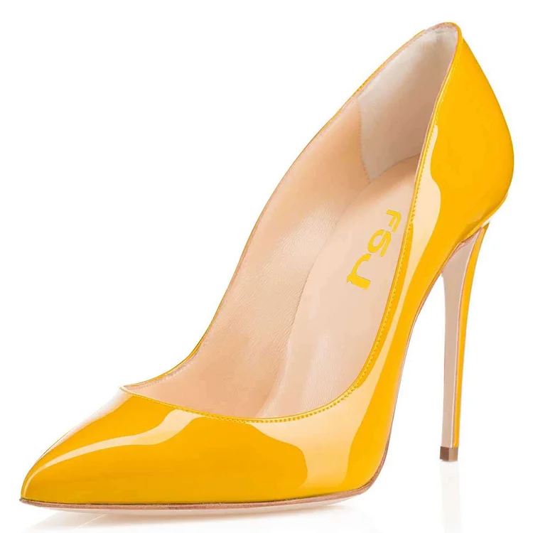 Yellow Patent Leather Stiletto Shoes Pointy Toe Office Pumps Heels |FSJ Shoes