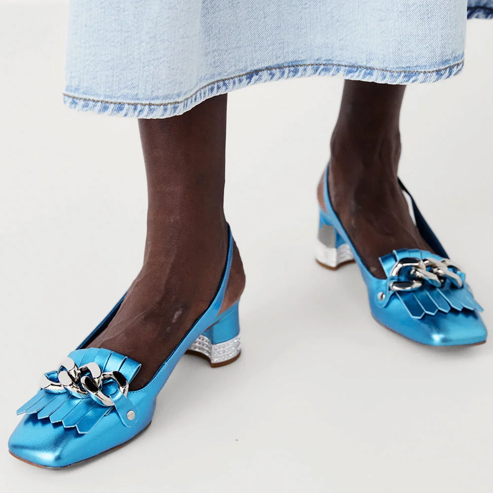 Blue Metallic Square Toe Slingback Rhinestone Fringe Chain Pumps Shoes
