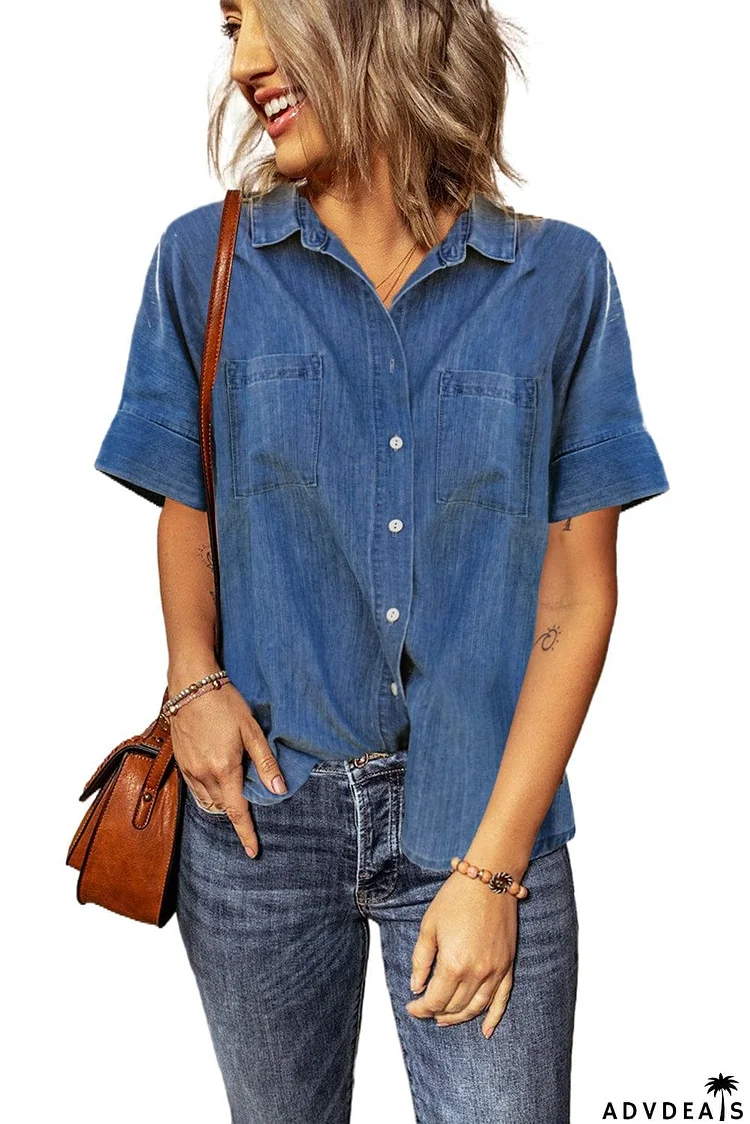 Turn-down Collar Short Sleeve Denim Shirt