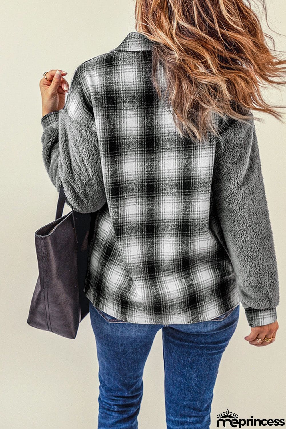 Plaid Patchwork Buttoned Pocket Sherpa Jacket