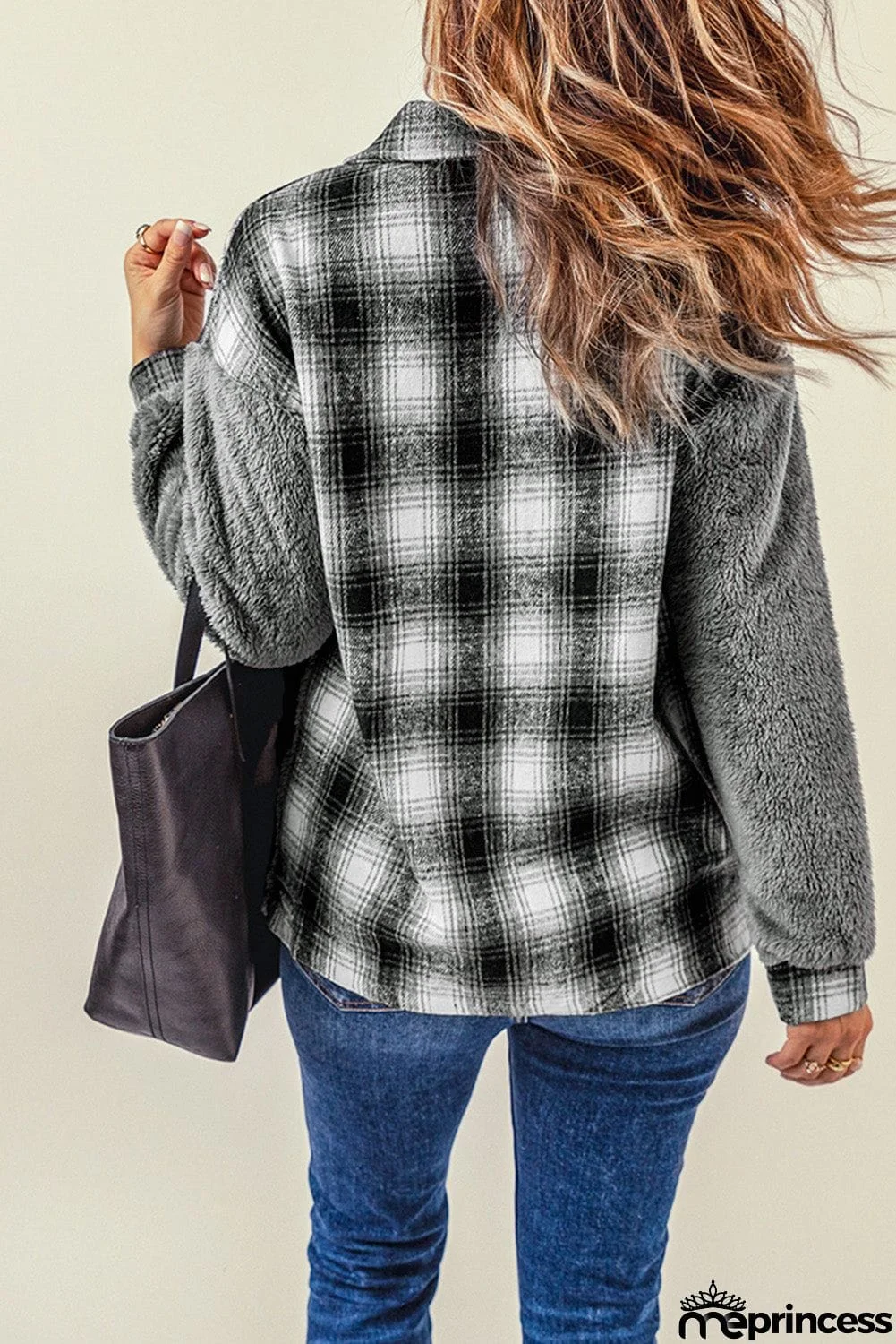 Plaid Patchwork Buttoned Pocket Sherpa Jacket