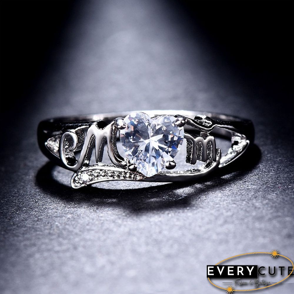 Heart Love Mom 925 Silver White Sapphire Ring Mother's Day Jewelry Gift Size 5-11
