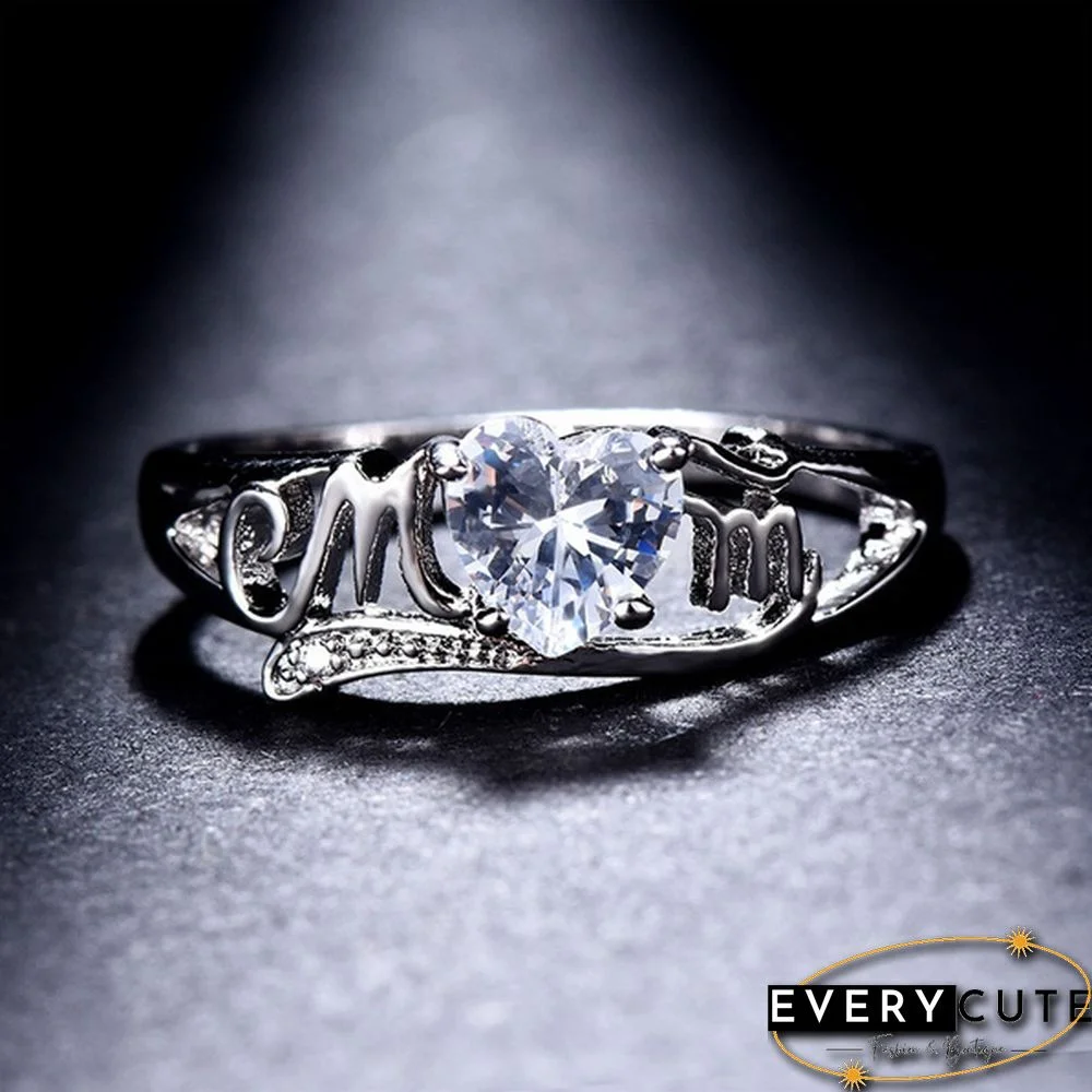 Heart Love Mom 925 Silver White Sapphire Ring Mother's Day Jewelry Gift Size 5-11