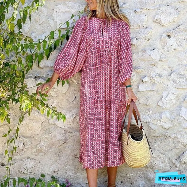 Women's Bohemian Round Neck Lantern Sleeve Sweet Dresses