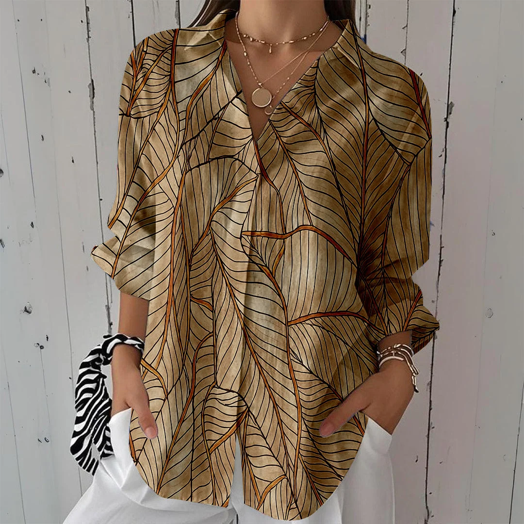 Style & Comfort for Mature Women Women Tropical, Leaves, Brown DZCL0112 3/4 Sleeve Shirt Collar Printed Button Tops
