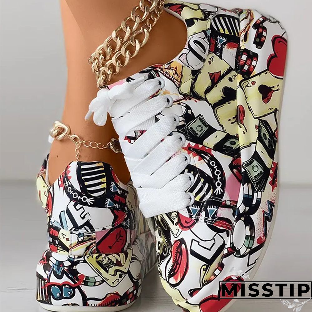 Black Fashion Casual Bandage Graffiti Round Comfortable Out Door Shoes