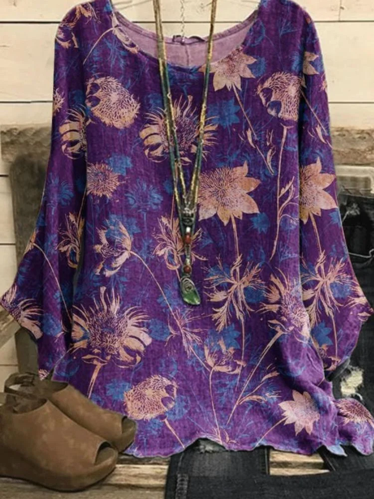 Cotton and Linen Print Crew Neck Hanging Loose Vintage Top