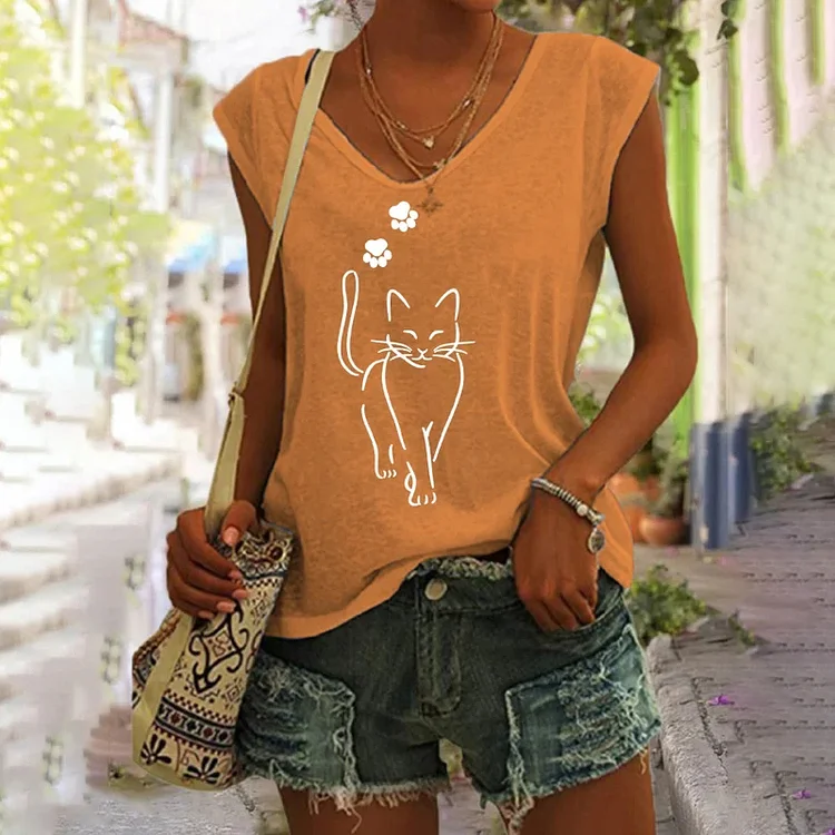 Cute Smiling Cat Paw Print Tank Top