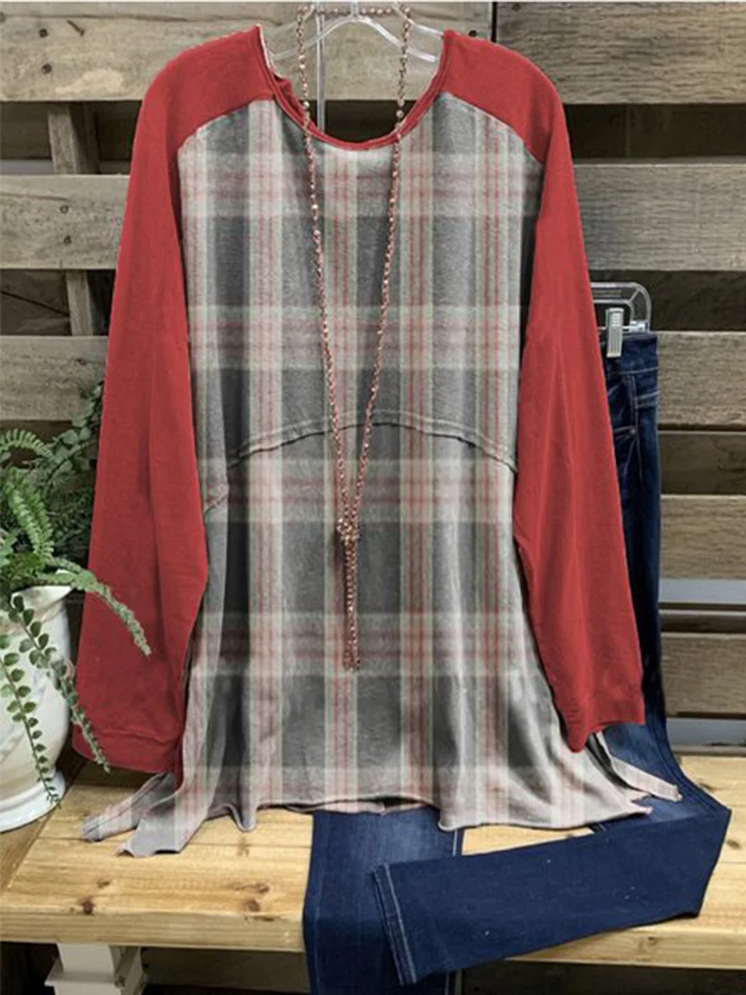 Red Round Neck Checkered/plaid Casual T-shirt