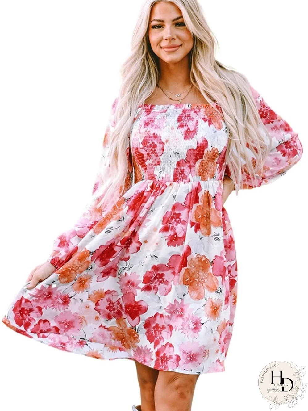 Elegant White Floral Smocked Puff Sleeve A-Line Dress