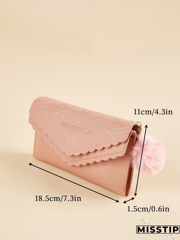 Letter Embroidered Scallop Trim Pom Pom Decor Long Wallet