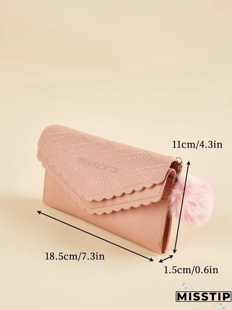 Letter Embroidered Scallop Trim Pom Pom Decor Long Wallet