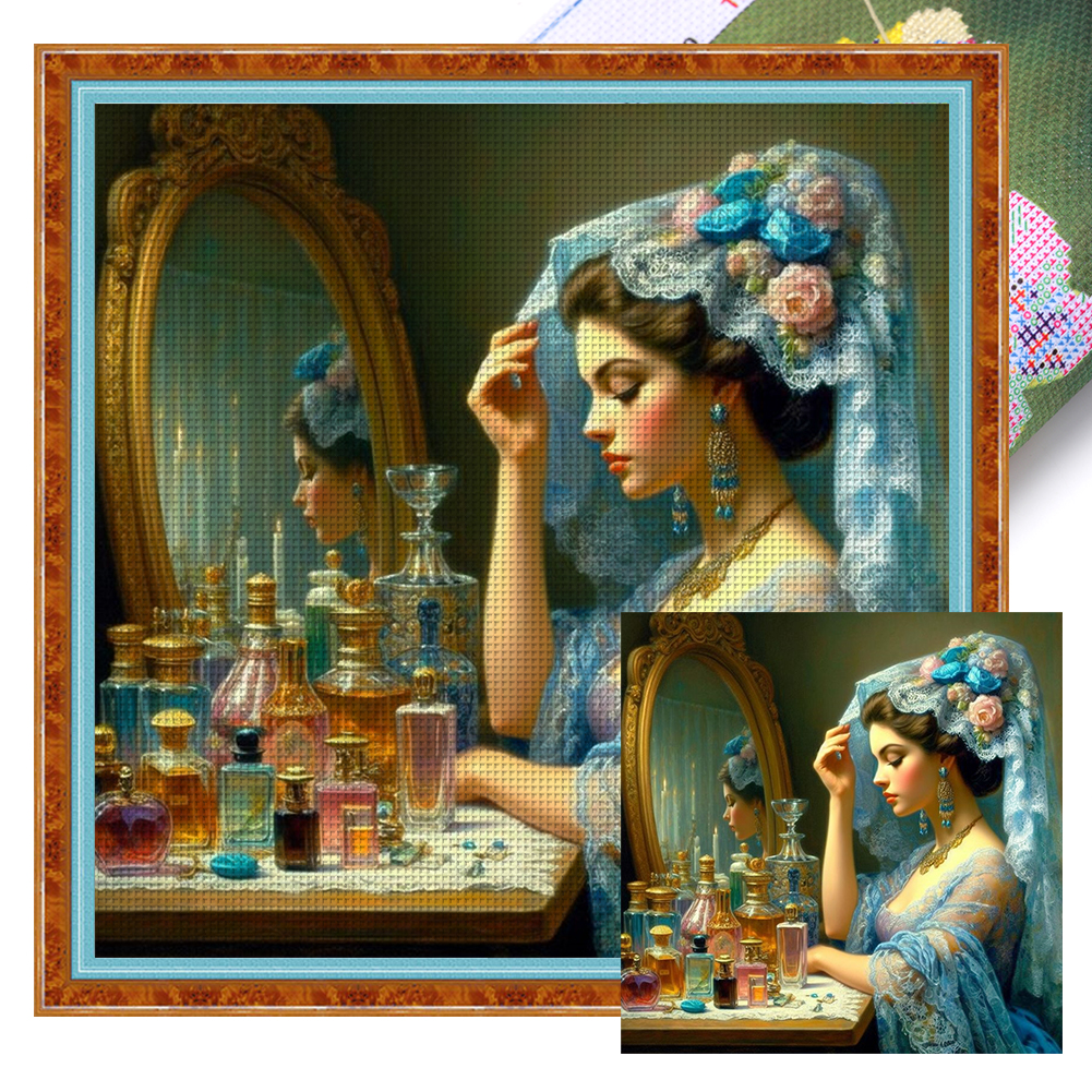 Girl In Front Of The Makeup Mirror Full 11CT Pre-stamped Canvas(50*50cm) Cross Stitch