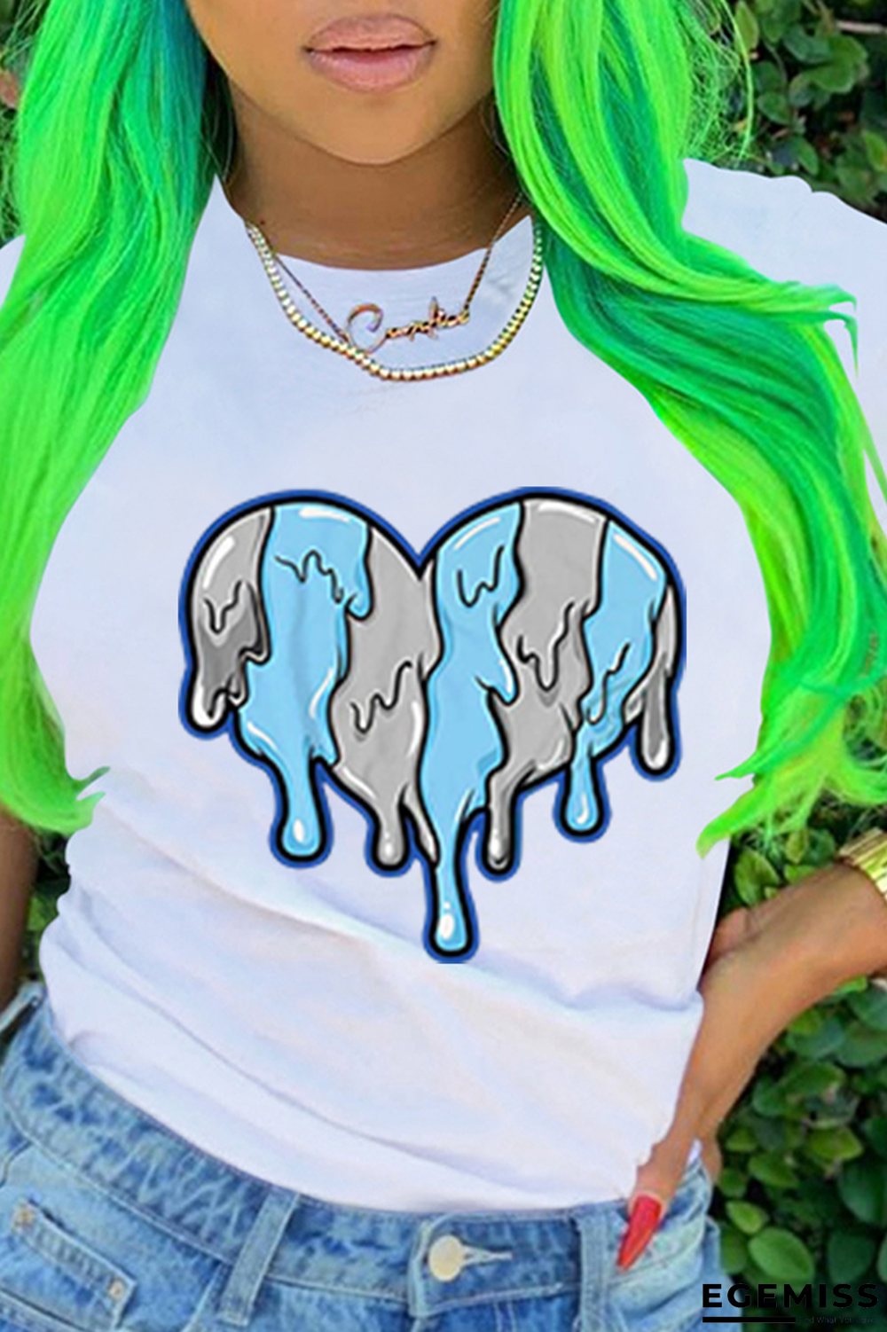 White Fashion Casual Print Patchwork O Neck T-Shirts | EGEMISS