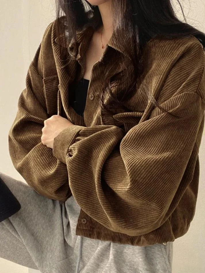 Brownm Vintage Corduroy Lapel Neck Button Long Sleeve Blouse