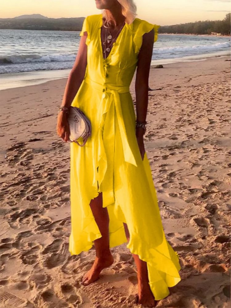 Women's Holiday V-Neck Pure Color Maxi Dress