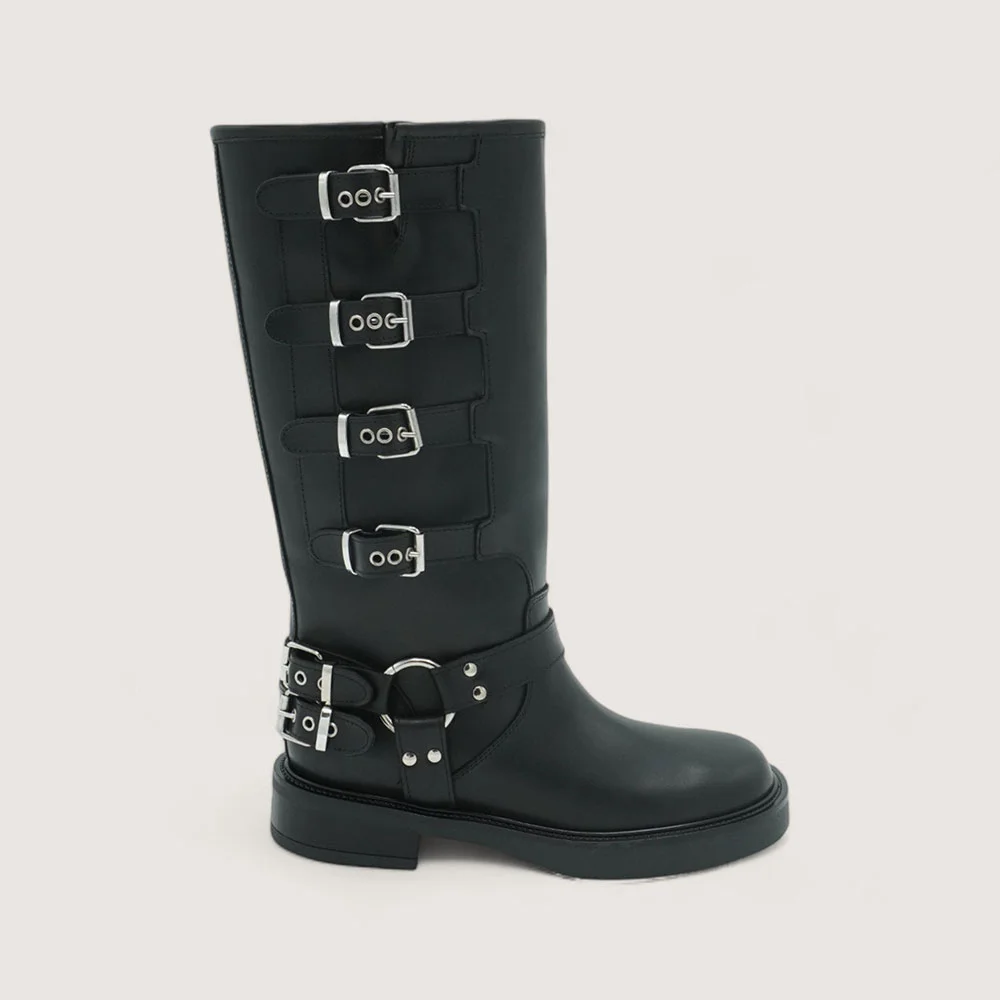 Black Round Toe Chunky Heel Buckle Women's Motorcycle Boots
