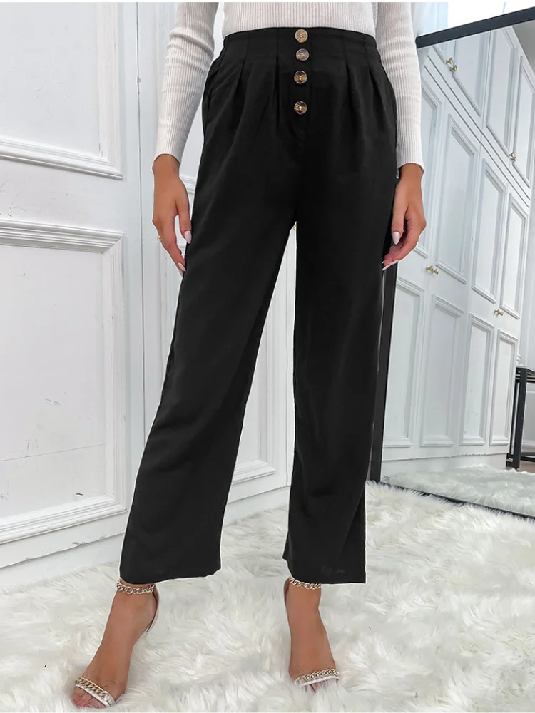 Solid Color Buttons Commute Style Ankle-Length Boot-Cut Trousers Women VangoghDress